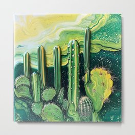 Yellow Desert Cactus Fluid Pour Metal Print