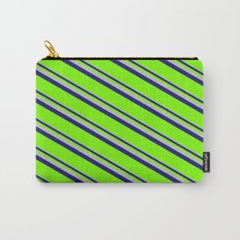 [ Thumbnail: Grey, Midnight Blue, and Green Colored Lined/Striped Pattern Carry-All Pouch ]