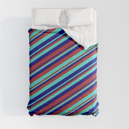 [ Thumbnail: Blue, Red & Turquoise Colored Stripes Pattern Comforter ]