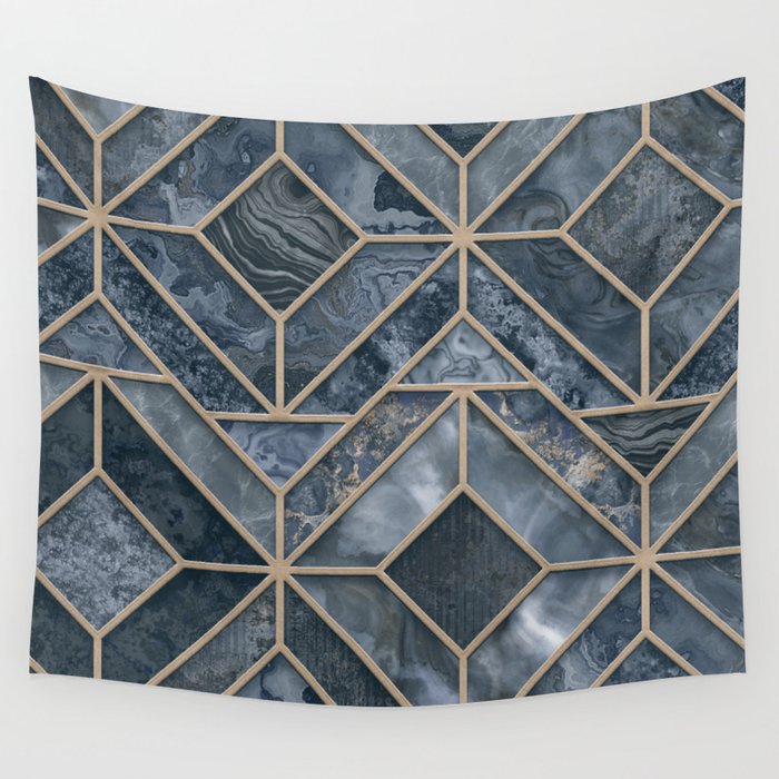 Blue Art Deco Inspired Gemstone Marble Stained Glass Design Wall Tapestry