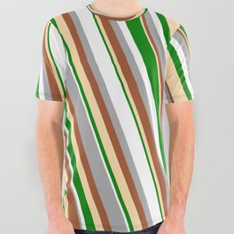[ Thumbnail: Vibrant Dark Grey, Sienna, Tan, Green & White Colored Lined Pattern All Over Graphic Tee ]