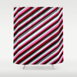 [ Thumbnail: Colorful Dim Gray, Light Cyan, Hot Pink, Maroon & Black Colored Striped/Lined Pattern Shower Curtain ]