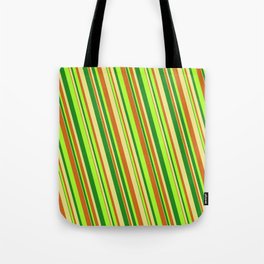 [ Thumbnail: Forest Green, Tan, Chocolate, and Light Green Colored Lined/Striped Pattern Tote Bag ]