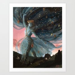 The Veil of Night Kunstdrucke | Curated, Painting, Stars, Goddess, Watercolor, Night, Landscape, Jewels, Jewellery, Fantasy 