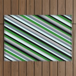 [ Thumbnail: Eye-catching Forest Green, Grey, Slate Gray, Light Cyan & Black Colored Lined/Striped Pattern Outdoor Rug ]