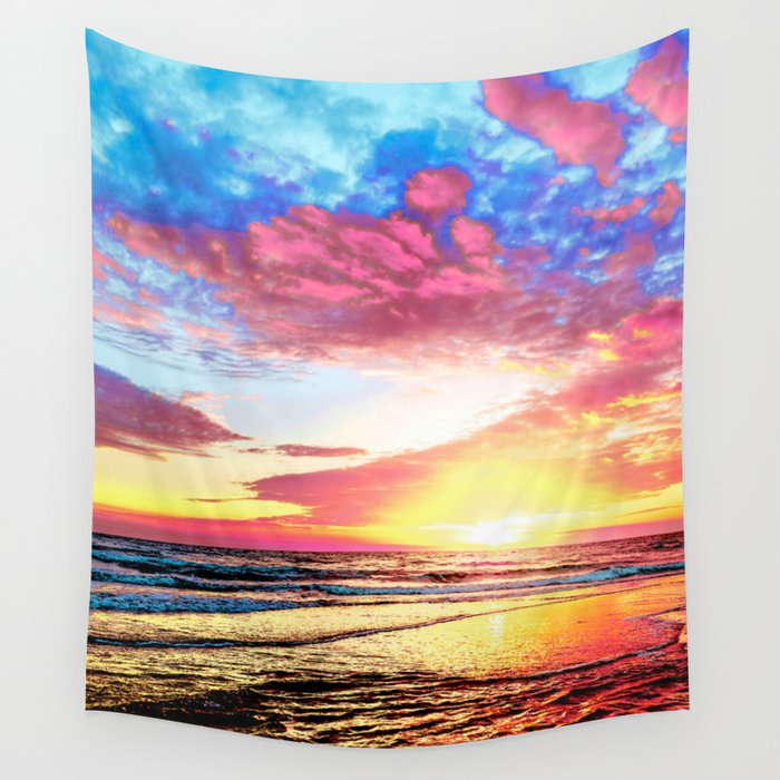 Ocean Sunset Blue Pink Yellow Sky Wall Tapestry