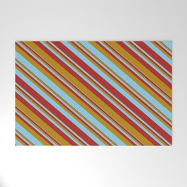 [ Thumbnail: Dark Goldenrod, Sky Blue & Red Colored Stripes Pattern Welcome Mat ]