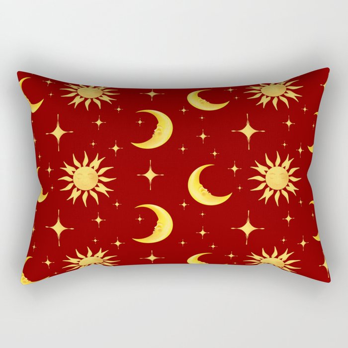 Sun,half moon,stars,cosmic art,celestial,red background  Rectangular Pillow