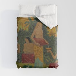 Libations, tropical mythical forest with five nude female figures floral landscape painting by Paul Serusier Duvet Cover