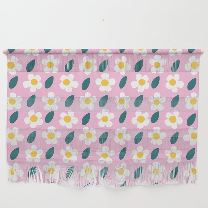 Cute Little White Daisy Flowers On Pastel Pink Retro Modern Cottagecore Garden Floral Pattern Wall Hanging