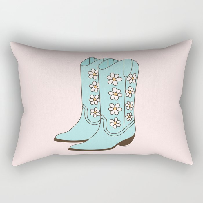 Western Vintage Floral Cowboy Boots with Daisies in Blush and Mint Blue Rectangular Pillow