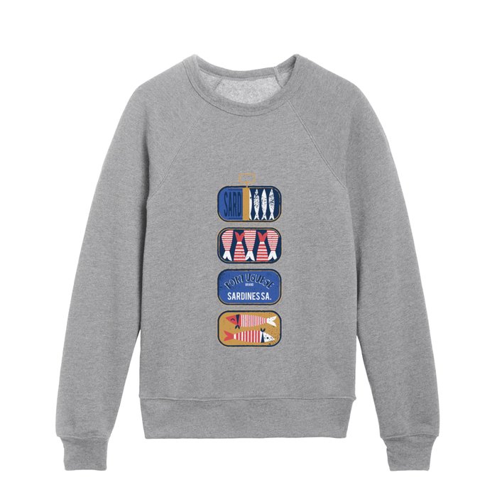 Vintage canned sardines // navy blue background peacock teal and mandy red cans  Kids Crewneck