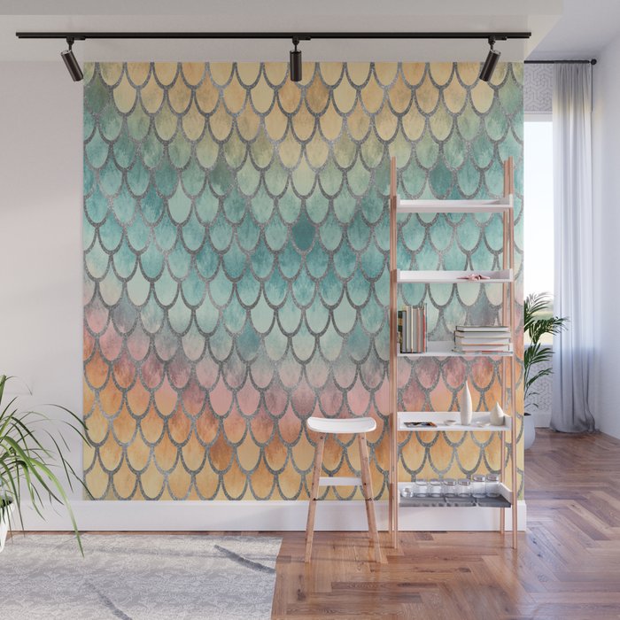 Retro Mermaid Scales Silver Wall Mural