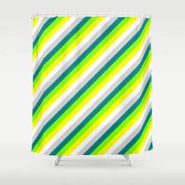 [ Thumbnail: Teal, Chartreuse, Yellow, White, and Light Gray Colored Stripes/Lines Pattern Shower Curtain ]
