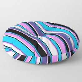 [ Thumbnail: Deep Sky Blue, Dark Slate Blue, Violet, White & Black Colored Lines/Stripes Pattern Floor Pillow ]