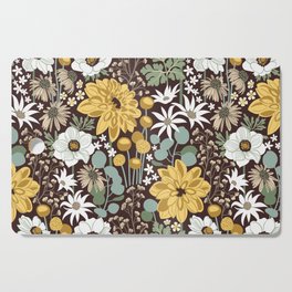 Boho garden // expresso brown background sage green yellow ivory and white flowers  Cutting Board