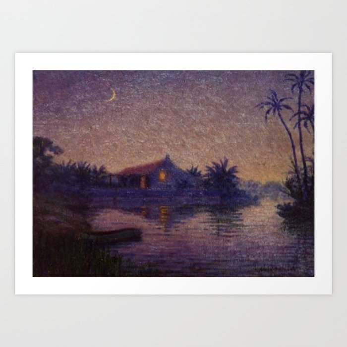 Moonlight Lagoon tropical landscape painting by Anna Woodward Art Print