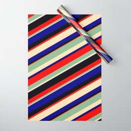 [ Thumbnail: Dark Sea Green, Beige, Dark Blue, Black & Red Colored Lines/Stripes Pattern Wrapping Paper ]