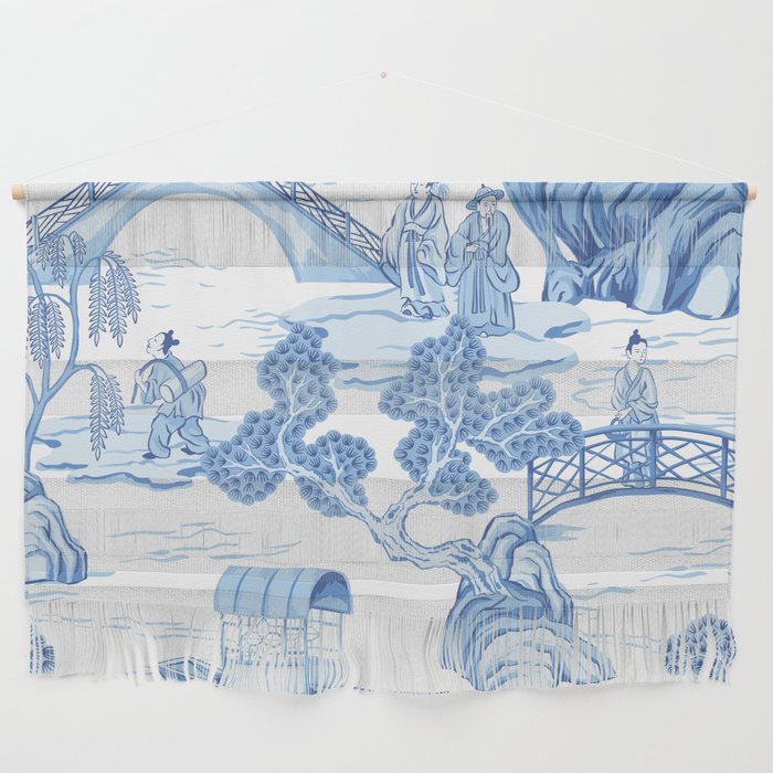 Vintage Chinese pagoda, boat, people, trees floral seamless pattern white background. Blue chinoiserie park wallpaper.  Wall Hanging