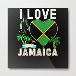 I Love Jamaica Heartbeat Jamaican Flag Beach Palm Trees Metal Print