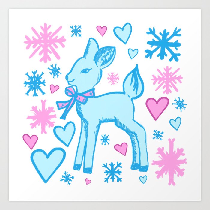 Baby Blue Fawn with Pink Hearts and Snowflakes Art Print