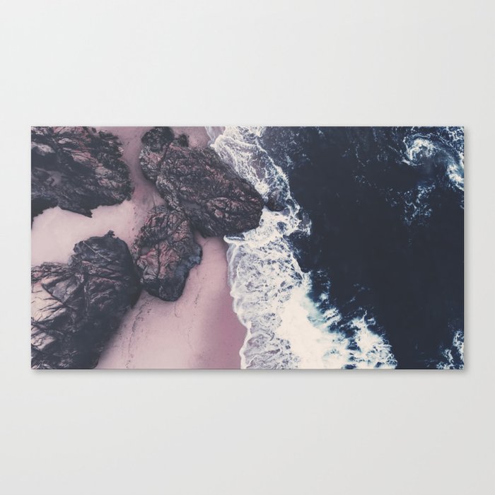aerial beach - dark blue ocean - pink sand beach - crashing waves - sea travel- photography Canvas Print