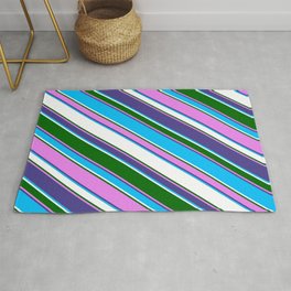 [ Thumbnail: Eyecatching Dark Slate Blue, Deep Sky Blue, White, Dark Green, and Violet Colored Pattern of Stripes Rug ]