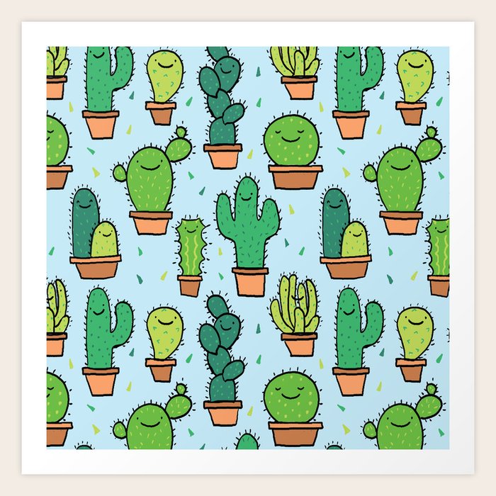 Cute Cactus Cacti Pattern Light Blue Background Art Print ...