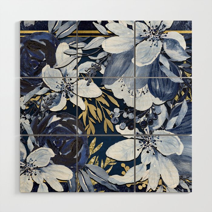 Navy Blue Gold Watercolor Floral Wood Wall Art By Christyne Society6 Royal blue feather print set 2 canvas feathers watercolor painting, abstract living room decor, baby boy shower gift nursery kids wall print. navy blue gold watercolor floral wood wall art by christyne