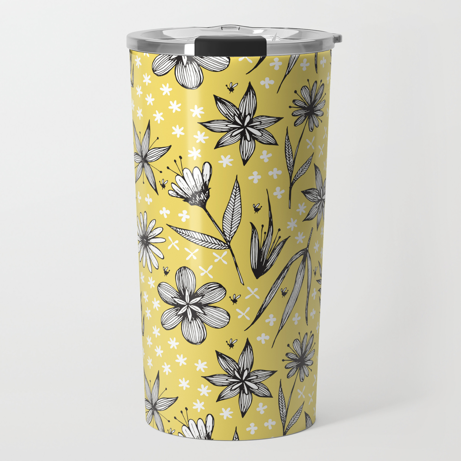 Black And White Floral On Yellow Travel Mug By Staceywalkeroldham Society6