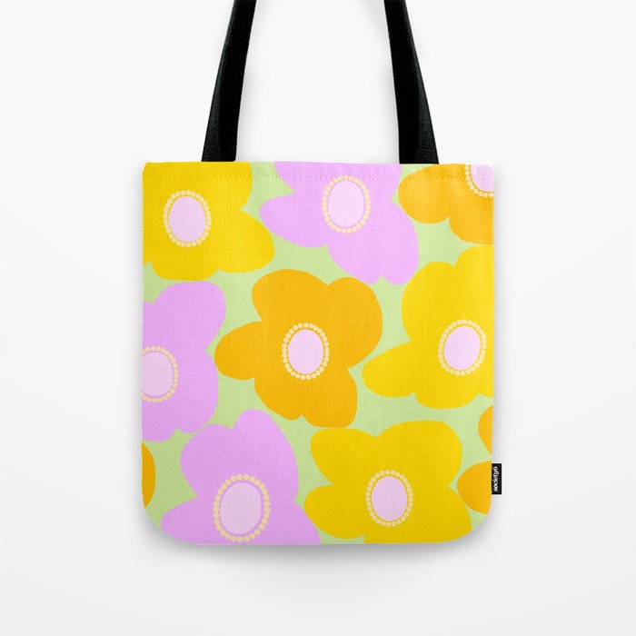 Retro Flowers 2024 Pastel Pink, Yellow and Orange Petals on Spring Green Background #decor #society6 #buyart Tote Bag