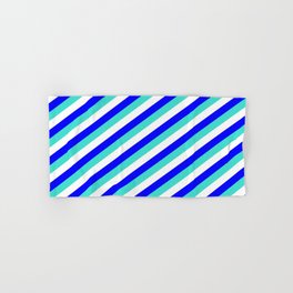 [ Thumbnail: Turquoise, White & Blue Colored Stripes/Lines Pattern Hand & Bath Towel ]