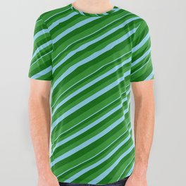 [ Thumbnail: Sky Blue, Dark Green, and Forest Green Colored Lined Pattern All Over Graphic Tee ]