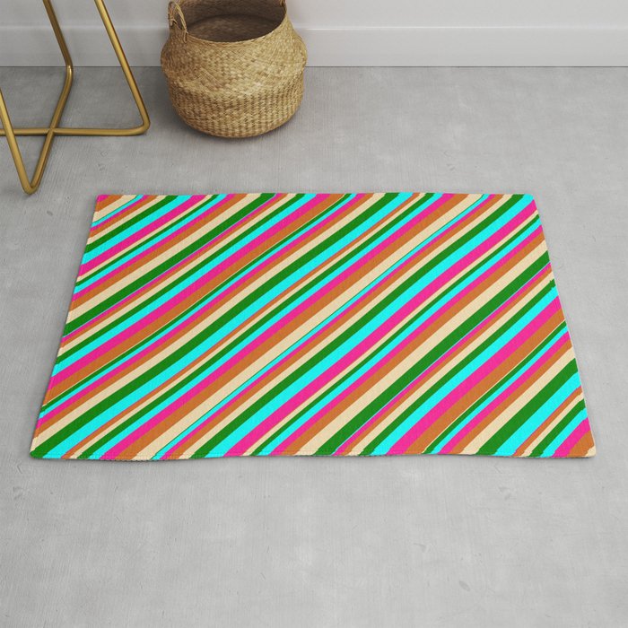 Eye-catching Tan, Green, Cyan, Deep Pink, and Chocolate Colored Pattern of Stripes Rug