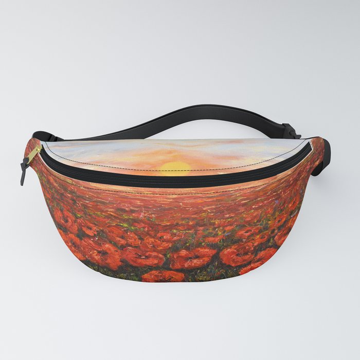 oil painting of Opium poppy( Papaver somniferum) field in front of beautiful sunset on canvas Fanny Pack