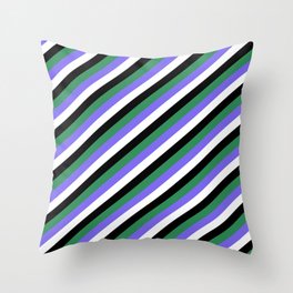[ Thumbnail: Sea Green, Medium Slate Blue, White & Black Colored Striped/Lined Pattern Throw Pillow ]