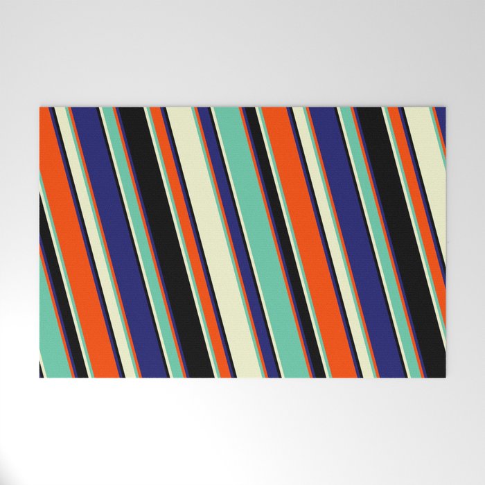 Red, Aquamarine, Light Yellow, Black & Midnight Blue Colored Lines/Stripes Pattern Welcome Mat