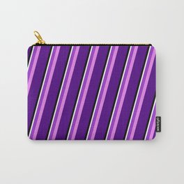 [ Thumbnail: Eyecatching Dark Orchid, Violet, Indigo, Black & White Colored Stripes/Lines Pattern Carry-All Pouch ]