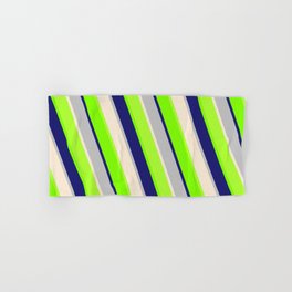 [ Thumbnail: Eyecatching Light Green, Chartreuse, Midnight Blue, Grey & Beige Colored Stripes Pattern Hand & Bath Towel ]