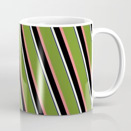 [ Thumbnail: Eyecatching Green, Light Coral, Black, Beige, and Dark Blue Colored Lined/Striped Pattern Coffee Mug ]