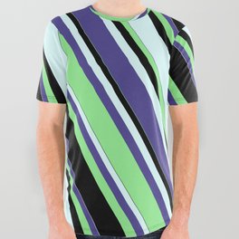 [ Thumbnail: Dark Slate Blue, Light Green, Black, and Light Cyan Colored Lined Pattern All Over Graphic Tee ]
