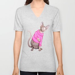 Cozy Sphynx Cat with Pink Knit Sweater  V Neck T Shirt