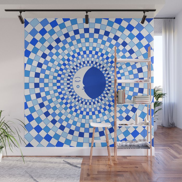 Checkered Moon with Blue Rays Wall Mural
