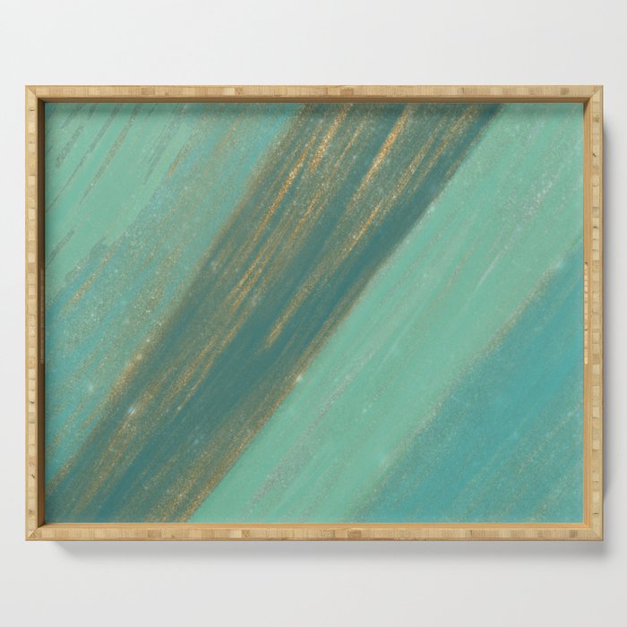Abstract gold glitter teal mint watercolor brushstrokes Serving Tray