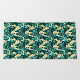 Wild cats with tropical Monstera  plants / green and gold Beach Towel
