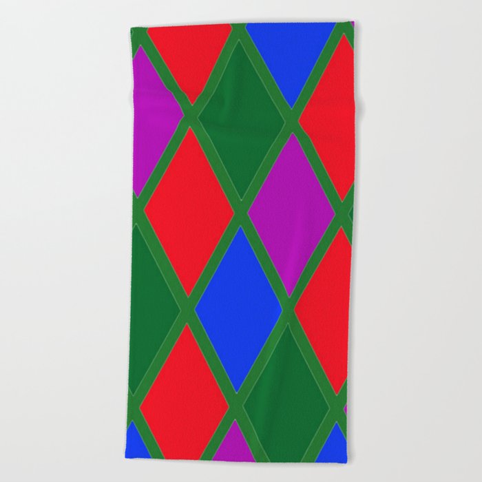 Red Green Blue and Purple Diamond Argyle Pattern  Beach Towel
