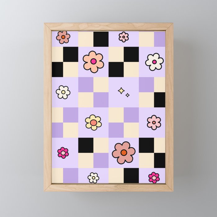 Checkered Daisies Retro Colorful Flower Lavender Check Pattern Framed Mini Art Print