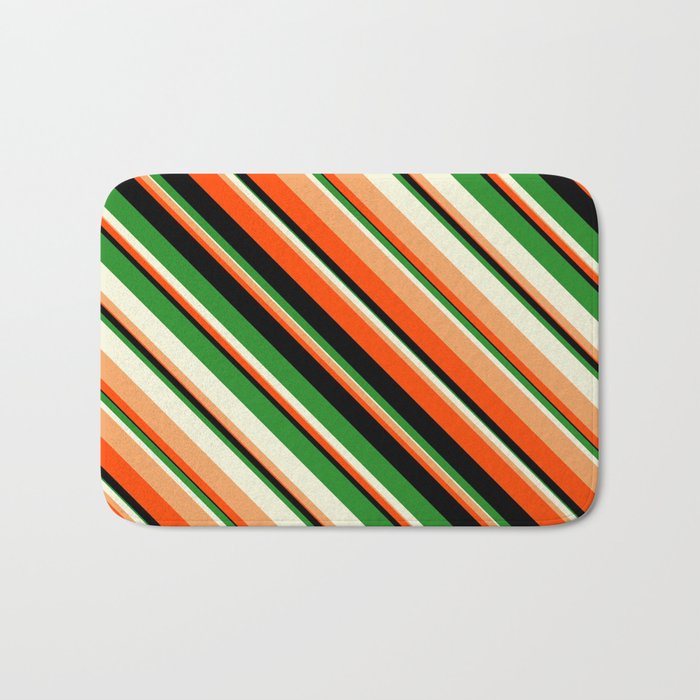 Vibrant Forest Green, Beige, Brown, Red & Black Colored Lines Pattern Bath Mat