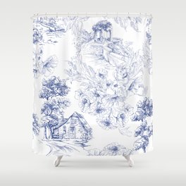 Toile de Jouy Vintage French Navy Blue White Pastoral Floral Pattern Shower Curtain