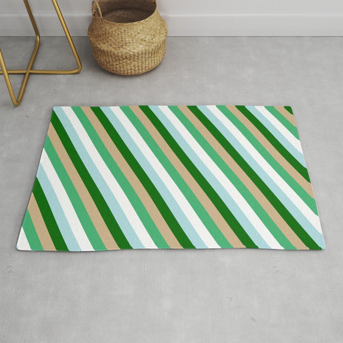 Eye-catching Tan, Sea Green, White, Powder Blue, and Dark Green Colored Pattern of Stripes Rug